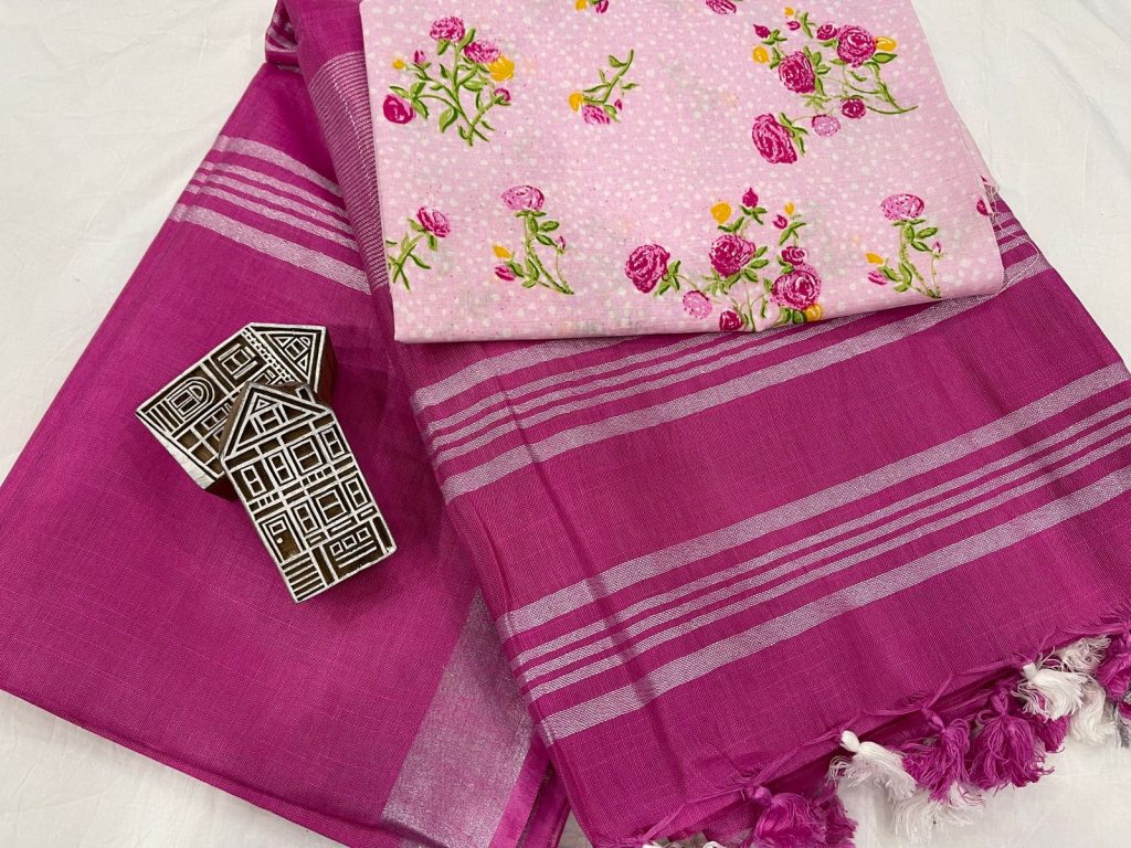 Magenta saree with printed cotton blouse