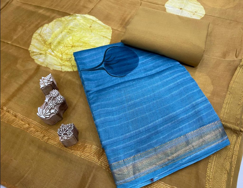 Azure and Bronze maheshwari silk suit set with dupatta