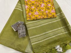 Light Olivetone linan saree with printed cotton blouse