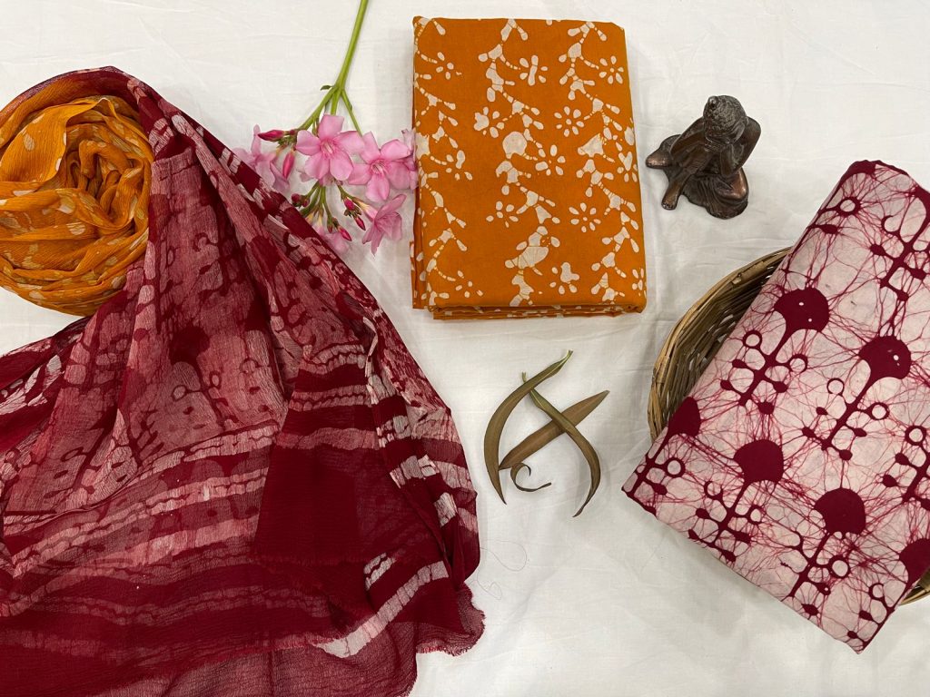 Amber and red Brown material with chiffon dupatta