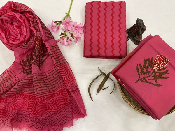 Brick red printed cotton suits with chiffon dupatta