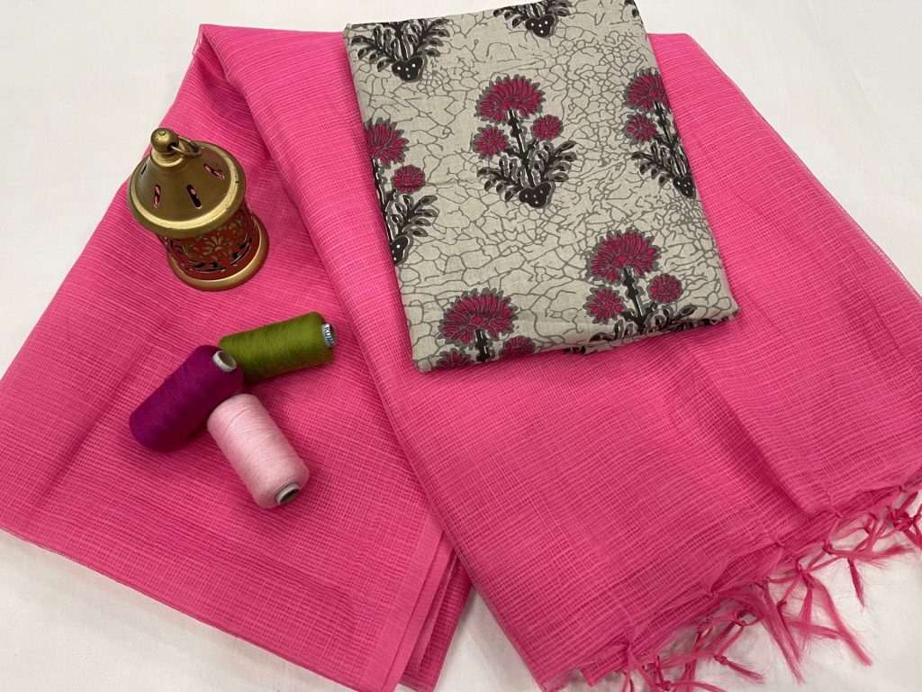 pink Plain kota doria saree with blouse