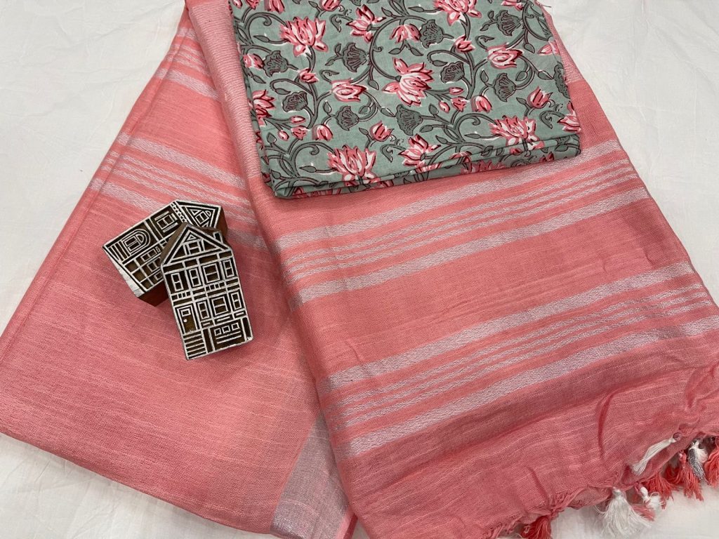Light Salmon Pink linen saree with printed cotton blouse