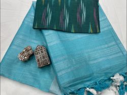 Cyan blue linen saree with printed cotton blouse