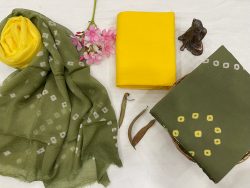 Olive and yellow printed cotton suits with chiffon dupatta