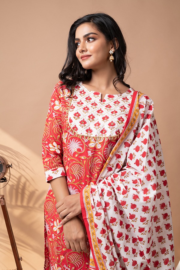 Red stitched suit Cotton straight cut suit with plazzo and cotton dupatta