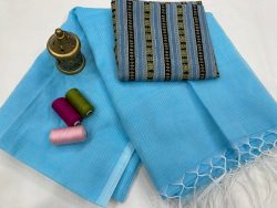Cyan plain kota doria saree with blouse