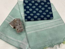 Baby blue linen saree with separate printed blouse