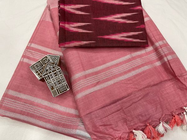 Light Salmon Pink linan saree with printed cotton blouse