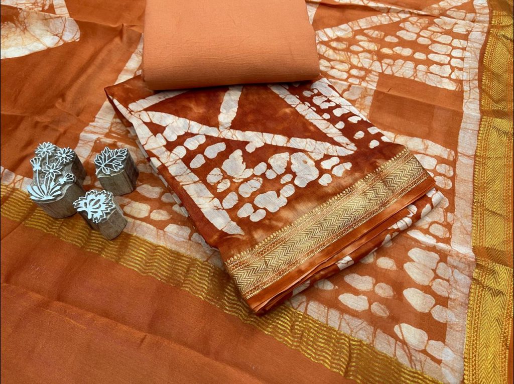 Copper Orange maheshwari silk suit set with cotton pajama