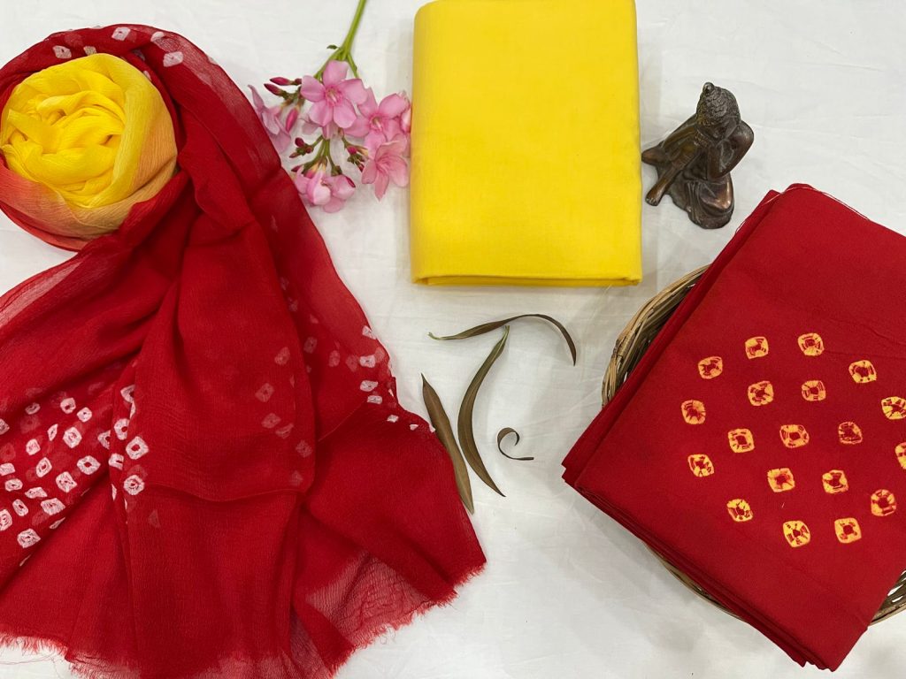 Red and yellow cotton salwar suit with chiffon dupatta