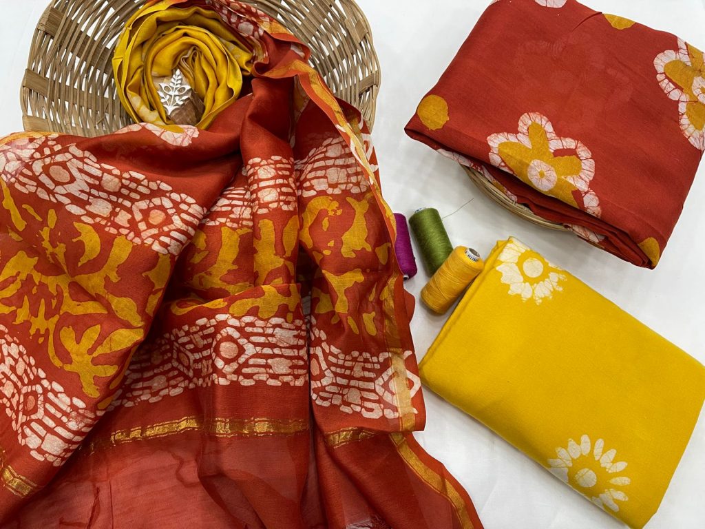 Crimson and yellow Chanderi suit with chanderi dupatta online