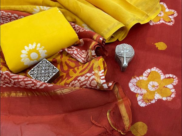 Crimson and yellow Chanderi suit with chanderi dupatta online