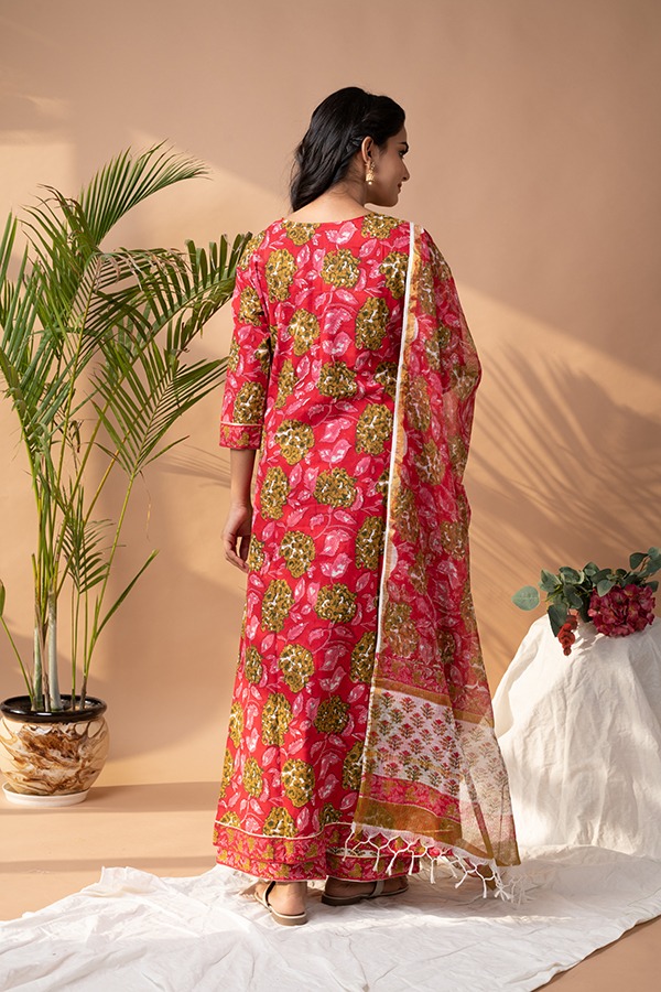 Red stitched front slit Cotton suit with chanderi silk dupatta