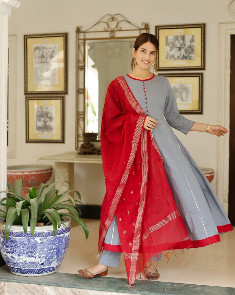 Slate gray and red Stitched Cotton with chanderi cotton chicken dupatta