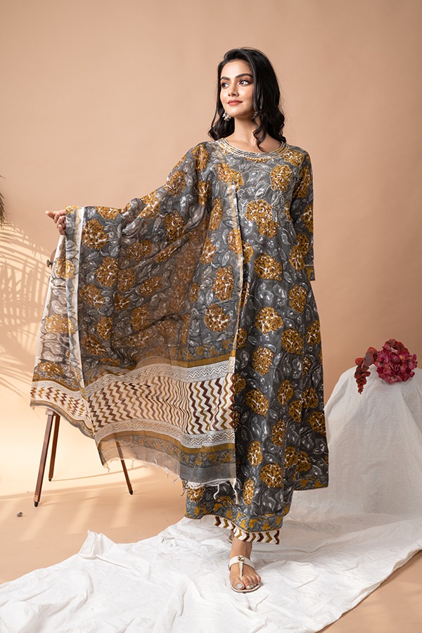 Slate gray Stitched  Cotton Anarkali Kurti with plazzo pant and pure chanderi silk dupatta