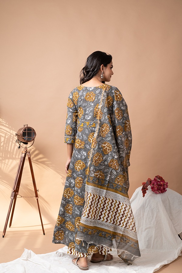 Slate gray Stitched  Cotton Anarkali Kurti with plazzo pant and pure chanderi silk dupatta