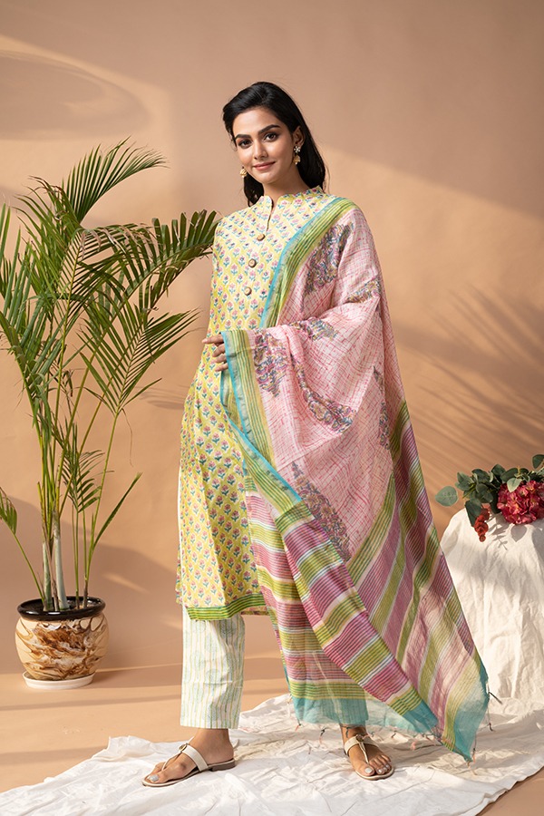 Pure dull green chanderi silk Stitched suit