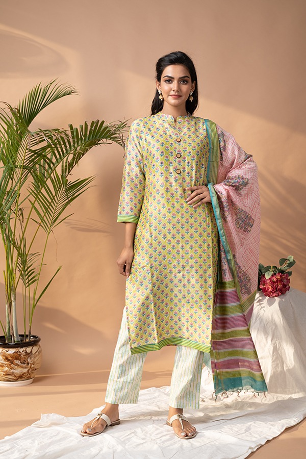 Pure dull green chanderi silk Stitched suit