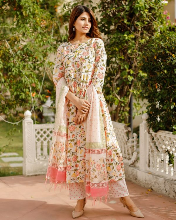 Floral print stitched Cotton suit with chanderi cotton dupatta