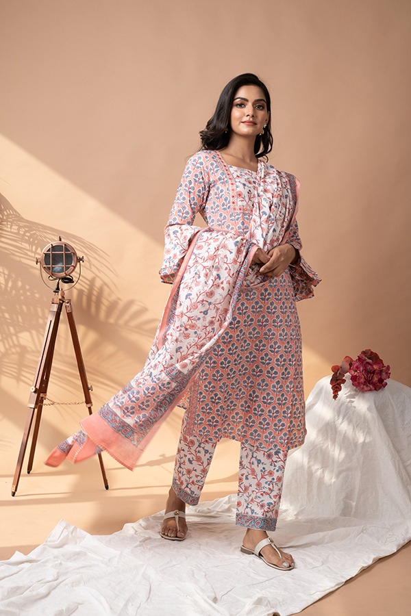 Pink Stitched Cotton suit with cotton dupatta