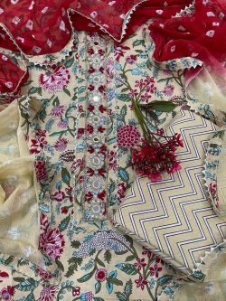 Red and cream Cotton printed gota hand work suit set