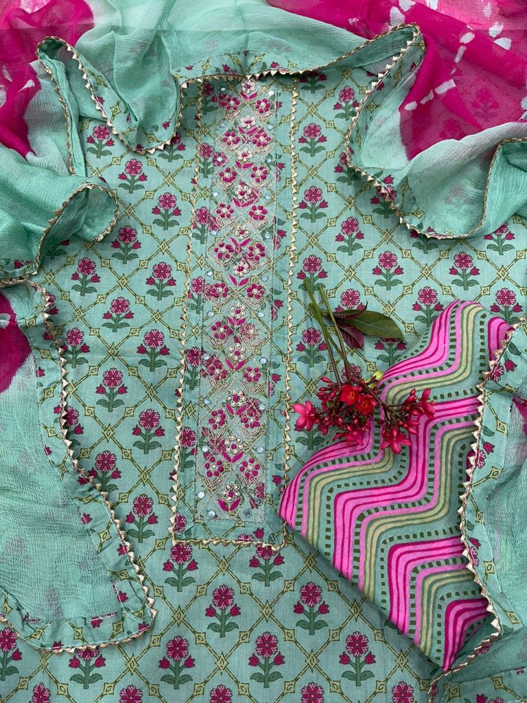 Acapulco green embroidered salwar kameez with chiffon dupatta online