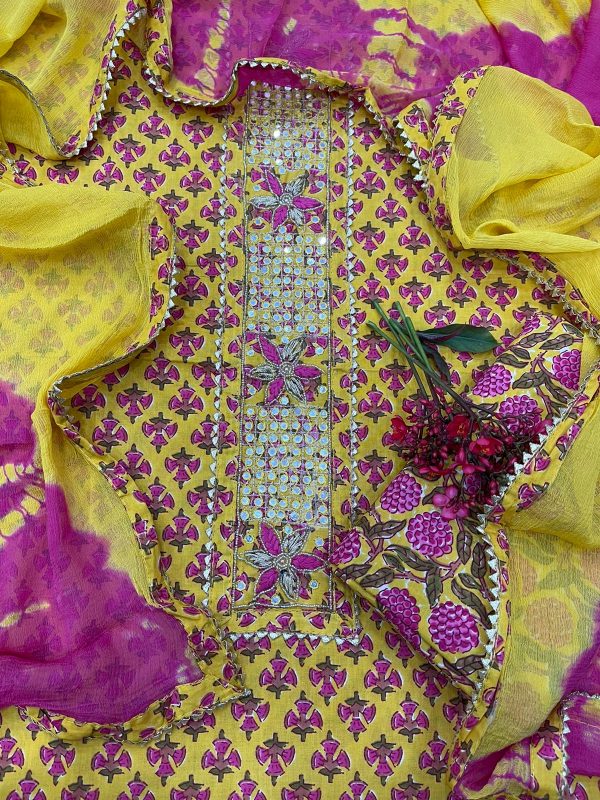 Yellow cotton suits printed gota hand work suit