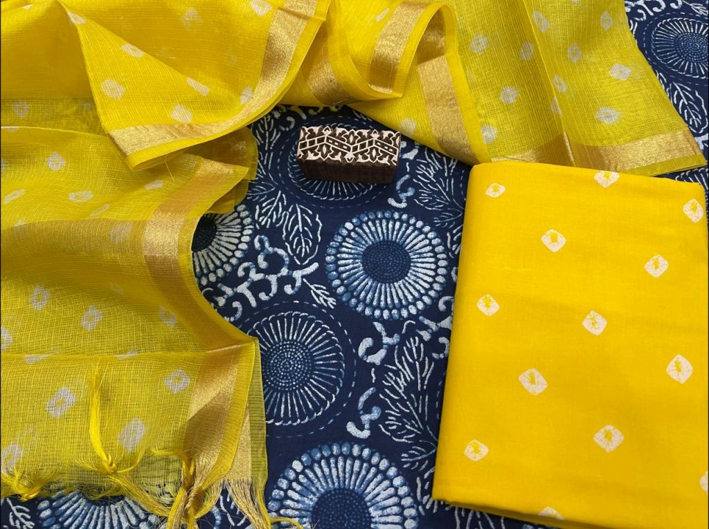 Spanish Cobalt Blue And Yellow cotton suit kota silk dupatta