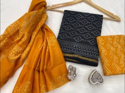 Amber and teal green Chanderi suit fabric with chanderi dupatta