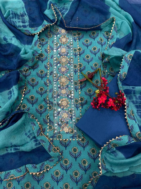 Azure and blue Cotton printed gota hand work suit set