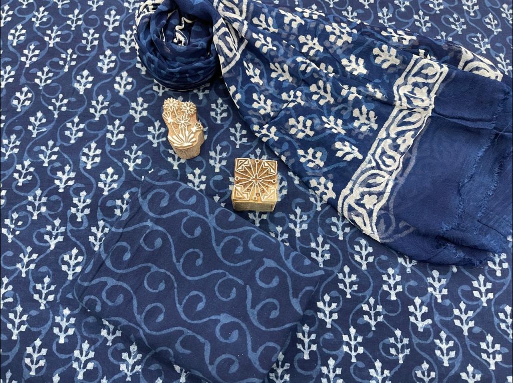 Blue jaipuri cotton suit with chiffon dupatta