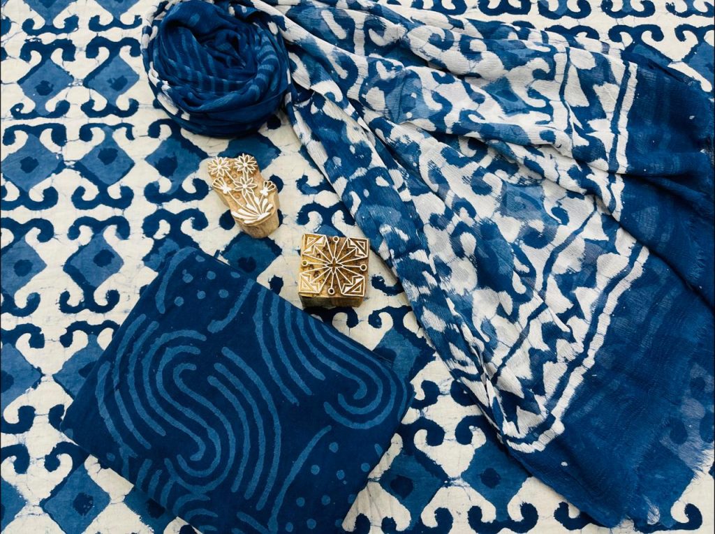 Blue  cotton suit with chiffon dupatta