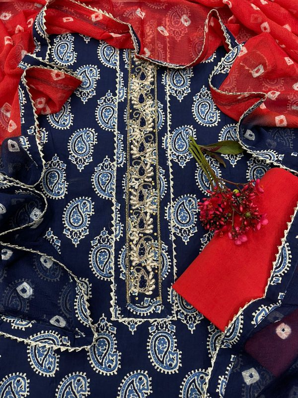 Ultramarine and Scarlet color Gota embroidery suit with chiffon dupatta