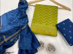 Blue and Green chanderi suit set with dupatta