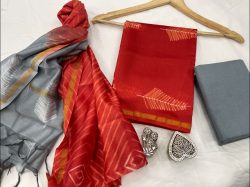 Red and slate Gray chanderi suit salwar with dupatta