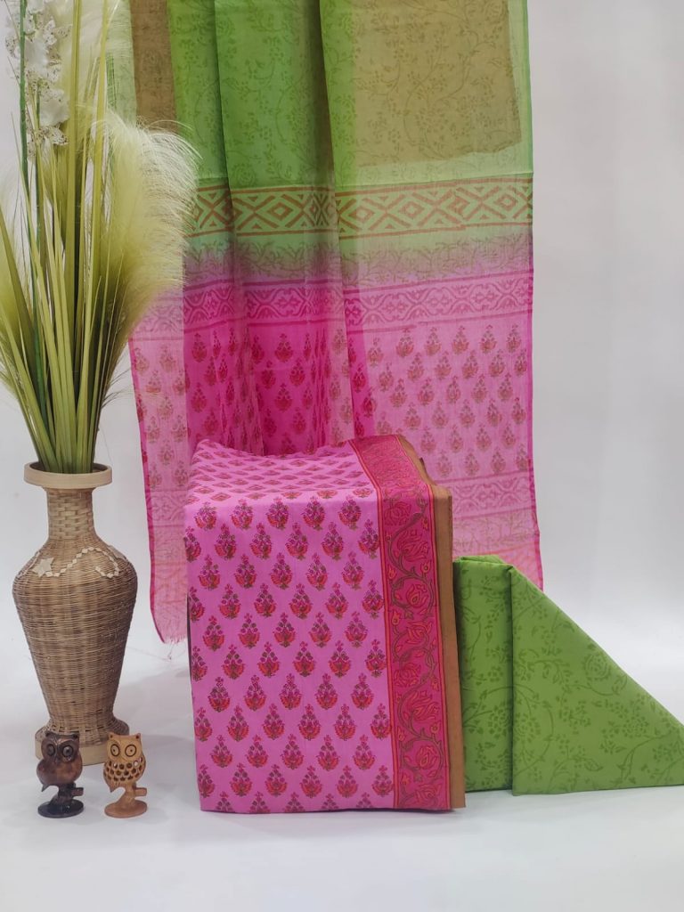 Pink and green  cotton salwar suit with cotton dupatta