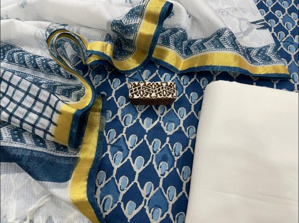 Blue and white cotton suit kota silk dupatta