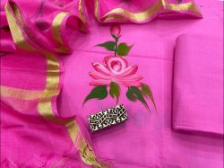 Pink floral hand painted cotton suit with kota silk dupatta