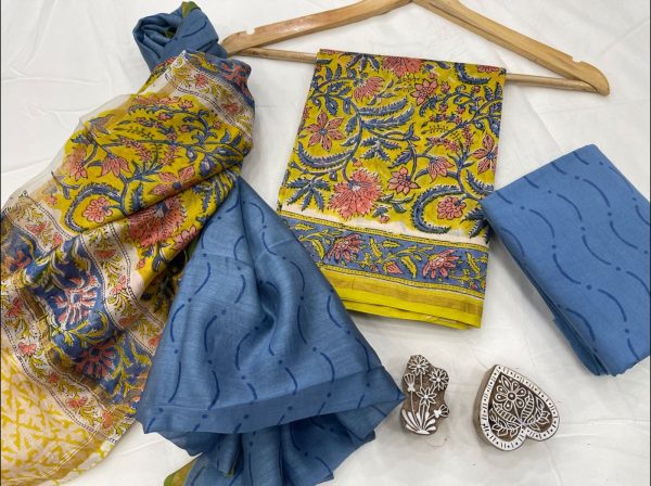 Yellow and blue Chanderi suit fabric with chanderi dupatta