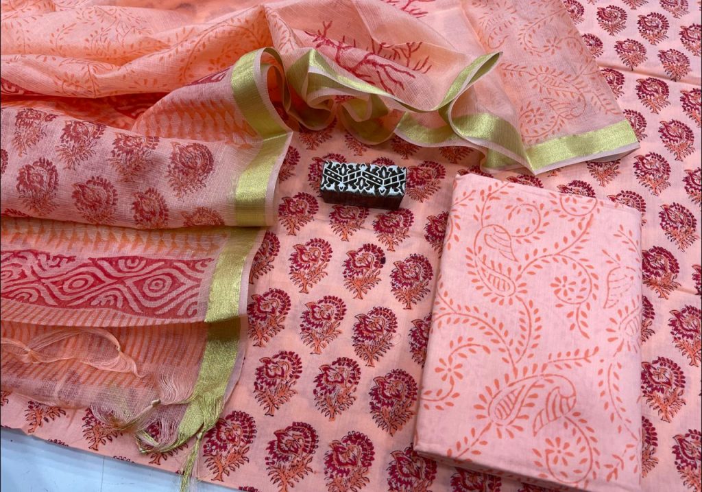 Light Salmon Pink Cotton salwar Suit With Kota Silk Dupatta