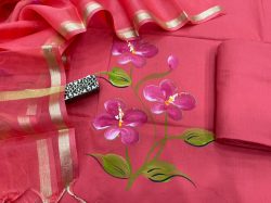 Deep Cherry Red Edit | floral hand painted floral print cotton suit kota silk dupatta