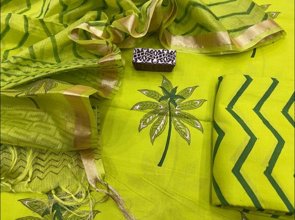 Lime Color Cotton Suit With Kota Silk Dupatta