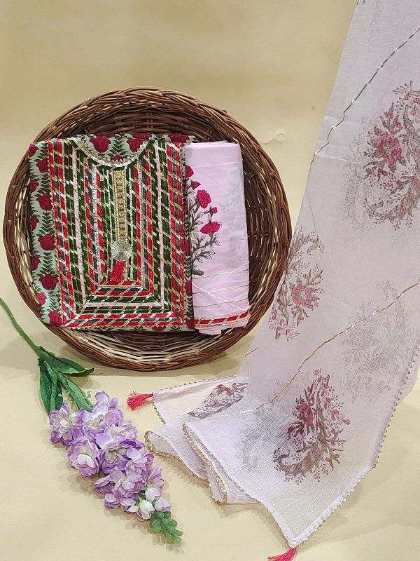Pink floral print Gota embroidery suit with kota doria dupatta