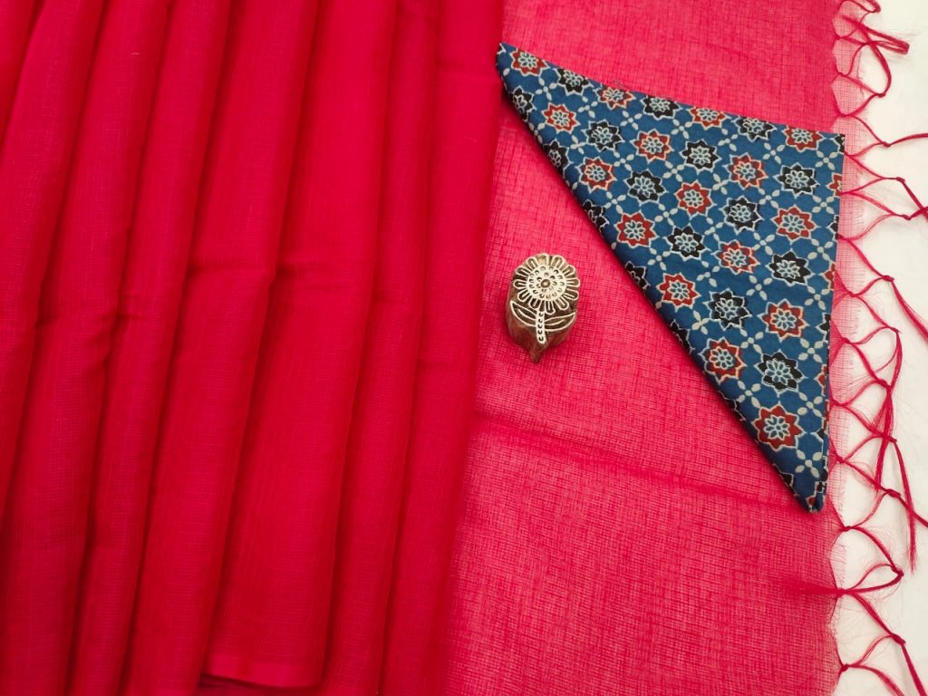 Red kota doria saree with blouse