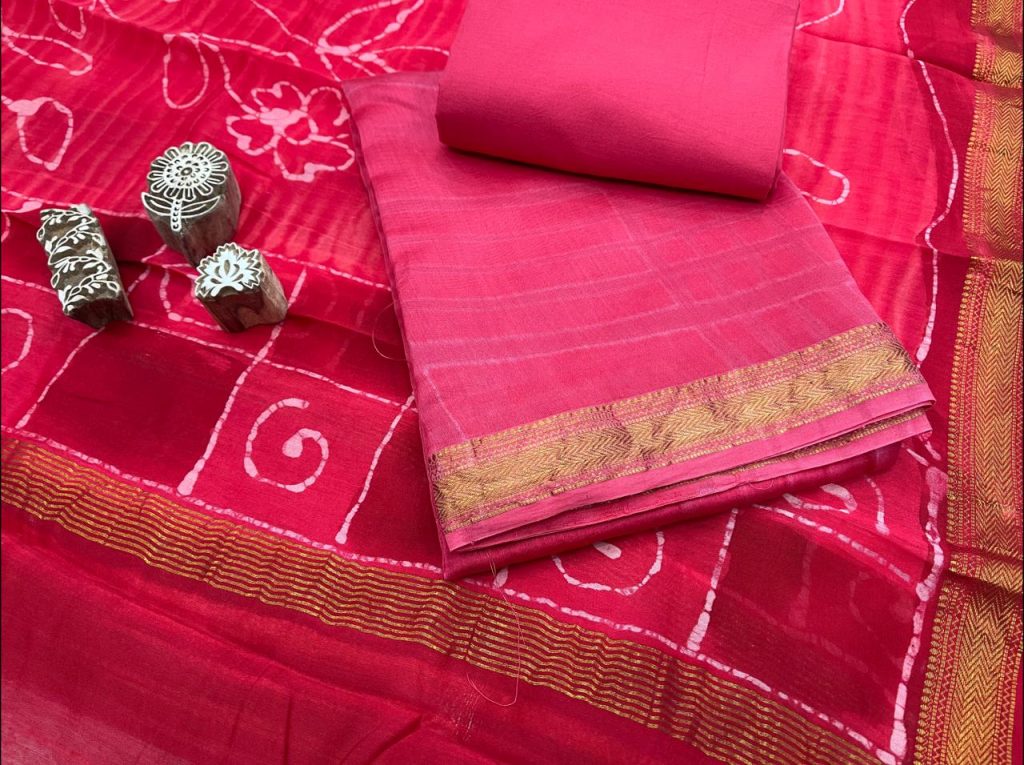 Cherry Red maheshwari silk suit set with dupatta