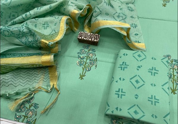 Aquamarine floral print cotton salwar kameez suit with kota silk dupatta