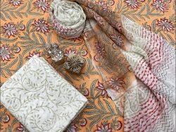 Apricot Ice And white Cotton suits with pure chiffon dupatta