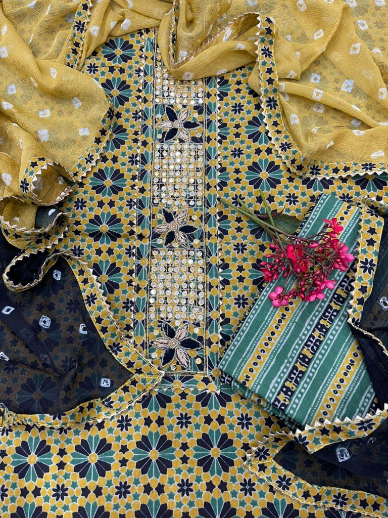 Yellow embroidered salwar kameez with chiffon dupatta online