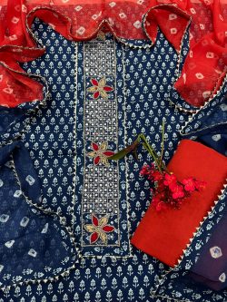 Blue cotton suits printed gota hand work suit